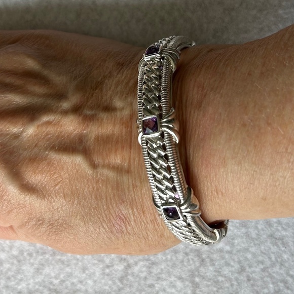 Judith Ripka Sterling Silver and Amethyst Hinged Cuff Bracelet - Picture 1 of 4